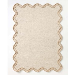Oatmeal Scalloped Border Area Rug Modern Minimalist Living Room Rug Handmade Style Bedroom Tufted Wool Carpet Farmhouse Decor - Product Image 1