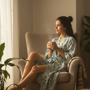 Peignoir kimono gris à fleurs en coton pour femme, manches longues, léger, avec ceinture, idéal pour la détente et le spa - Product Image 2