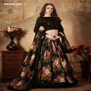 Fashionable <b>Top</b> Quality Organza with Floral Print & Dori-Zari-<b>Sequins</b> Embroidered <b>Black</b> Lehenga-Choli Set At Wholesale Rate - Product Image 1