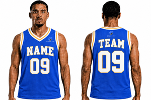 Maillot de basket-ball bleu pour homme, col en V, sans manches, impression sublimée, nom et numéro personnalisés 09, maille respirante, coupe régulière, 100% polyester - Product Image 5