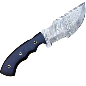 Cuchillo de Caza de Hoja Fija con Patrón Damasco Plateado, Mango Ergonómico Negro y Funda de Cuero Marrón para Supervivencia al Aire Libre y Camping - Product Image 1