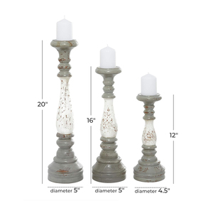 Large Turned Style Mango Wood <b>Candle</b> Holder <b>Set</b> Custom 3-Piece Design in Gray & White Home Decoration - Product Image 3