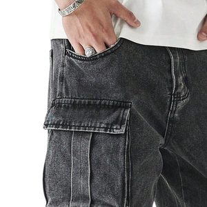 Pantalones Cargo de Mezclilla Negros Lavados para Hombre, Corte Relajado, Multibolsillos, Pierna Recta, Jeans Utilitarios, Pantalones Casuales de Estilo Urbano para Uso Diario - Product Image 3