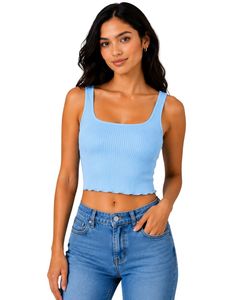 Top corto acanalado azul cielo para mujer, sin mangas, cuello cuadrado, ajuste ceñido, de punto de algodón elástico, informal, de verano, personalizado, tipo chaleco para mujer - Product Image 1