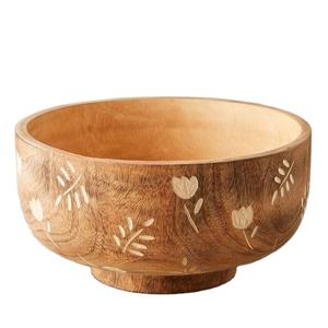 Bol de service alimentaire mangue en bois avec extérieur peint à la main fleur Design décoratif grand hôtel utilisé bol - Product Image 1
