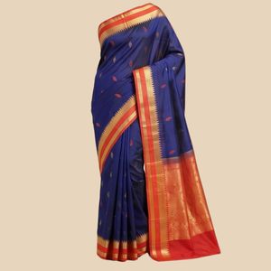 Rich Blue Silk <b>Saree</b> with Orange and Zari Border for Career Dressing - Product Image 2