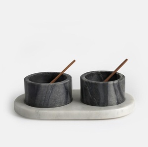 Designer Marble Bowl Set with Wooden <b>Tray</b> Three Cup Serving Set Mix Stone <b>Condiment</b> Holder Modern Kitchen Tabletop Decor Luxury - Product Image 5