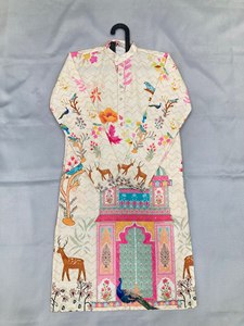 Creaciones NiMa, Kurta de Algodón con Estampado Floral para Hombre, Corte Regular, Ropa Tradicional India y Pakistaní para Bodas, Modelo con Pantalones Blancos - Product Image 4