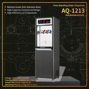 Dispensador de Agua Independiente AQUATEK AQ-1213, Agua Caliente, Templada y Fría, Acero Inoxidable, Grado Comercial, 110V 220V - Product Image 1