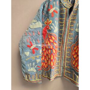 Peacock Embroidery Blue Cotton <b>Mandarin</b> <b>Collar</b> <b>Jacket</b> Full Sleeve Autumn Wear Handmade Women's Embroidered Coat - Product Image 3
