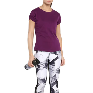 Camiseta de Manga Corta con Cuello Redondo Morada para Mujer, Estilo Urbano, Corte Regular, Color Sólido, Informal, de Algodón Jersey Transpirable, para Todas las Temporadas - Product Image 6