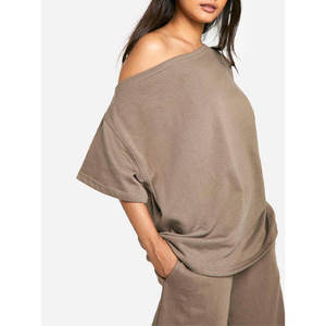 Custom Women's Off Shoulder T Shirt and Wide Leg Pants <b>Set</b> 100% Cotton <b>Lounge</b> Wear Casual Two Piece Outfit OEM - Product Image 2