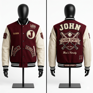 Chaqueta Varsity de Béisbol para Hombre, Mezcla de Lana, Mangas de Cuero PU, Panel de Canalé Gris Marino, Logotipo Bordado en Chenille Personalizado - Product Image 3