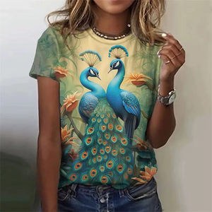 Camiseta de moda para mujer con estampado gráfico 3D de pavo real, camisetas de verano de manga corta, camisetas holgadas transpirables de poliéster con cuello redondo - Product Image 4