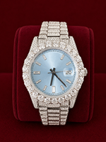 Montre de luxe pour homme sertie de diamants Moissanite, cadran bleu soleil, acier inoxydable, affichage de la date, style Hip Hop