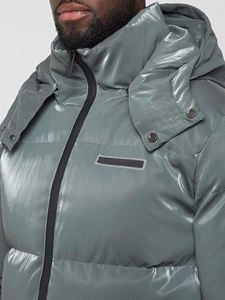 Men's Gray Hooded Puffer Jacket Stand Collar Zipper Closure Windproof Down Filled <b>Winter</b> <b>Coat</b> Casual Style - Product Image 4