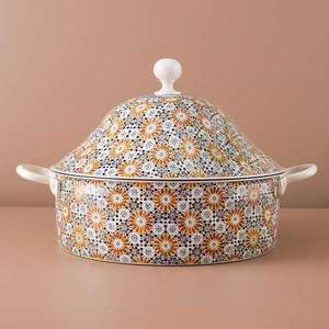 Decorative Silver Conical Lid Food Warmer with Wooden Base Crisscross Pattern Elegant Casserole Pot Kitchenware Home Decor - Product Image 1