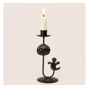 Porte-bougie d'Halloween en fer, motif citrouille et silhouette de fantôme, style vintage noir mat, centre de table pour maison hantée - Product Image 3