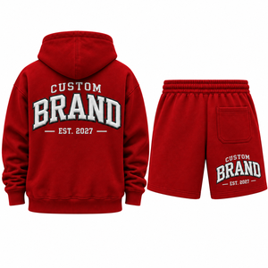 Ensemble sweat à capuche et short pour homme personnalisé, en coton rouge French Terry, tenue décontractée d'automne, sweat à capuche assorti - Product Image 2