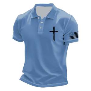 Chemise de golf Oxford décontractée pour homme, bleu clair, manches courtes, mélange polyester/coton, avec patch drapeau croisé, respirante, coupe régulière, 180g - Product Image 1