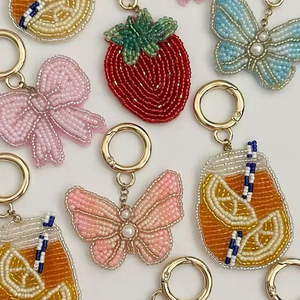 Beaded Cute Keychains Set Handmade Aesthetic Charms Strawberry Bow Drink Keychain Gift for Girls - Product Image 1