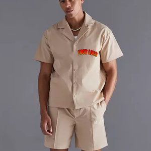 Ensemble chemise et short en coton beige pour homme, col rabattu, vêtements décontractés d'été, respirant, tissé, rayé, séchage rapide - Product Image 2
