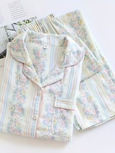 Women's Color Striped Printed Floral 100% Muslin Double Layer Lightweight Plus Size Long Sleeve Pajama Set for Spring/Summer - Product Image 2