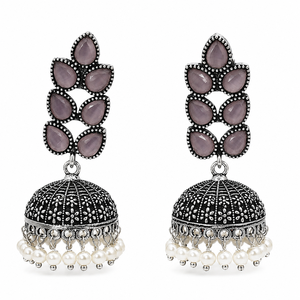Designer Oxidized <b>Silver</b> Jhumka <b>Earrings</b> with Pink Crystal Stone | Handmade Jewelry Export Quality - Product Image 1