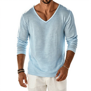 T-shirt en tricot à manches longues pour homme, bleu clair, col en V, coupe ample, décontracté, couleur unie, respirant, en coton - Product Image 5