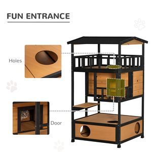 Maison pour chat en bois d'extérieur avec plateforme de saut jaune, abri pour chats errants, condo pour chatons, portes d'évasion et toit en asphalte - Product Image 4