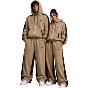 Al por mayor Conjunto de sudadera y pantalón de chándal unisex de peso pesado, con cremallera completa, estilo oversize, bloques de color, rayas en contraste, sudaderas con capucha de corte holgado y pantalones de chándal de pierna ancha y holgados para hombre - Product Image 1