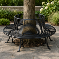 Banc d'arbre circulaire en métal noir avec assise à lattes, anneau de protection d'arbre, pour jardin et parc extérieur