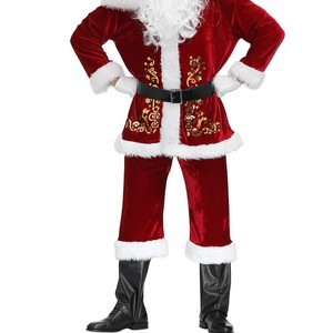 Costume de Père Noël pour homme en tissu doux, velours rouge avec broderie dorée, qualité supérieure abordable, facile à porter. - Product Image 4