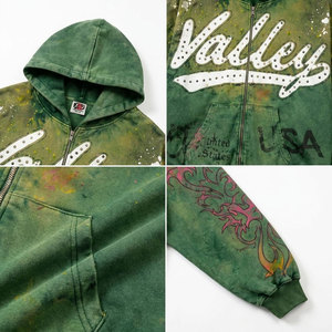 Sudadera con capucha y cremallera Valley USA para hombre, estilo oversize, streetwear, de algodón tejido, con estampado de llamas verdes y logo frontal, para otoño. - Product Image 6