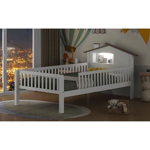 Letto a piattaforma in legno bianco per bambini, misura twin, con testiera a LED a forma di casetta e contenitore integrato - Product Image 5