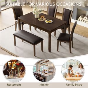Farmhouse <b>Rustic</b> Style 6-Piece <b>Dining</b> Room Set Wooden Table and Bench <b>Chairs</b> for 6 People - Product Image 3