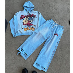 Parche personalizado con bordado desgastado y serigrafía para hombre, para chándal de invierno, efecto descolorido por el sol, vintage, lavado ácido, corte acampanado - Product Image 1