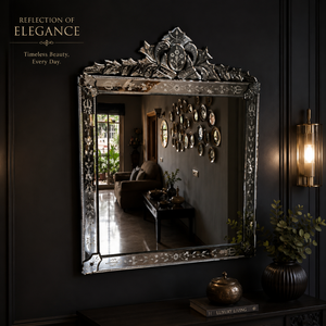 Espejo Rectangular Veneciano de Lujo con Adorno de Corona en la Parte Superior y Marco de Vidrio Grabado, Espejo Decorativo de Pared Antiguo para el Hogar - Product Image 4