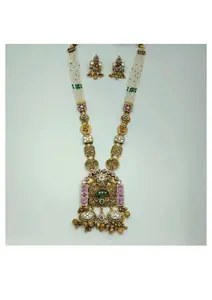 Traditional <b>Indian</b> Temple Gold Necklace <b>Set</b> with Kundan Stones Pearl Beads and Matching Jhumka Earrings Bridal <b>Jewelry</b> - Product Image 2