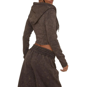 Women Winter Solid Casual 100% Cotton Acid Wash 2-Piece Tracksuit <b>Cropped</b> <b>Zip</b>-<b>Up</b> Hoodie and Wide-Leg Pants Lounge Set - Product Image 5