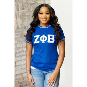 Camiseta de chenilla con ribete a rayas Zeta Phi Beta, azul y blanca, ropa universitaria de hermandad, algodón, vida griega, moda bordada para mujer - Product Image 1