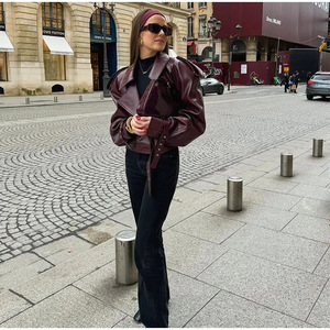 Fashion Women Leather <b>Jacket</b> Oversized Loose Fit PU Coat <b>Ladies</b> Wine Red Biker Outerwear Streetwear Top - Product Image 3