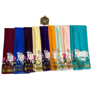 ผ้าส่าหรีสีพีชผ้าไหมแบบพรีเมี่ยมพร้อมด้วยลายวัววาดด้วยมือและขอบ zari สีทอง - Product Image 5