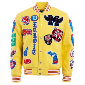 Chenille Yellow Varsity Jacket Custom Letterman <b>Baseball</b> Bomber Men's Streetwear Vintage Embroidered Patch Front 3D - Product Image 1