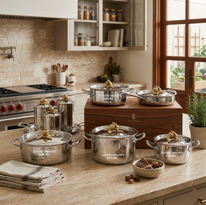 Luxury Hammered Silver Kitchen Collection Stainless Steel Casserole <b>Set</b> Tray & Matching Canisters with Gold Pumpkin Lid for Sale - Product Image 1