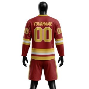 Men <b>Red</b> Gold Sublimated Ice Hockey Jersey Shorts Set V Neck Striped Polyester Athletic Sports Clothing Team Training Apparel - Product Image 2