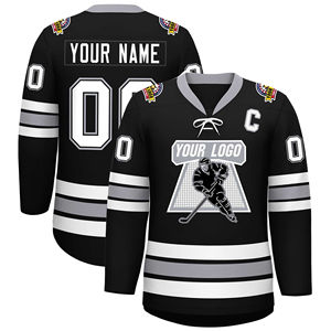 Jersey de Hockey sobre Hielo Negro Personalizado para Hombre, Cuello en V, Manga Larga, Impresión Sublimada, Transpirable, Poliéster, Ropa Deportiva para Adultos - Product Image 2