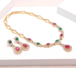 High Quality Emerald Ruby CZ Necklace Set Brass 22K Gold Plated Bridal Jewelry Bulk Order Gift for Her - Product Image 1