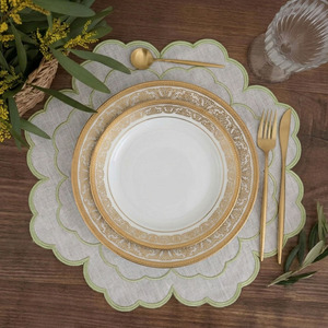 Custom Washable Reuse Luxury Embroidery Double Green Scallop Border <b>Placemats</b> Napkins Sets 100% Linen Mats Home Wedding Events - Product Image 2