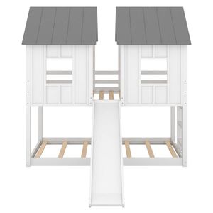 Letto a castello a forma di casa in legno massello con due letti singoli, finestre scorrevoli, bianco, per cameretta dei bambini, uso palestra, letto a soppalco per bambini con contenitore - Product Image 4